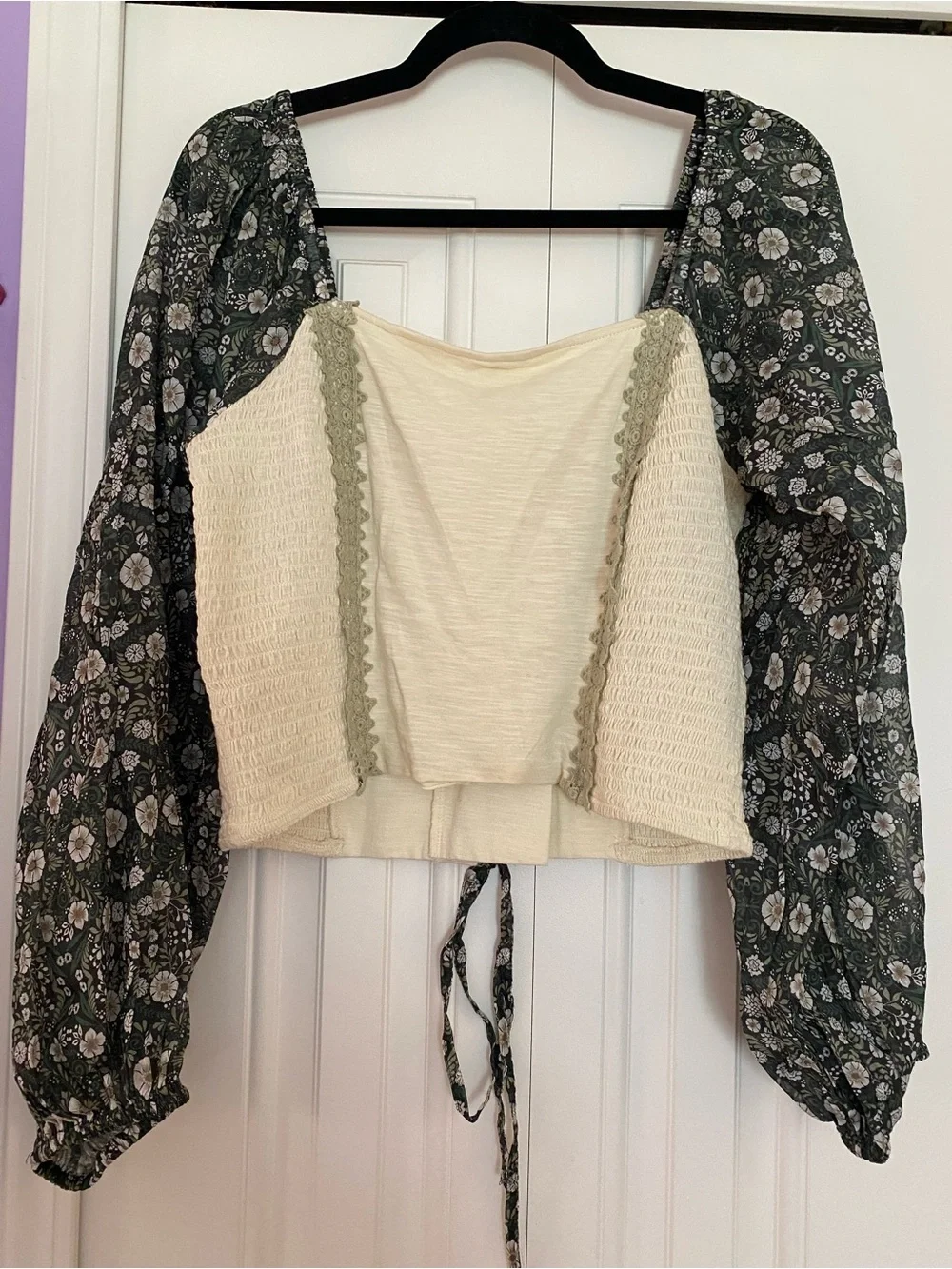 Anthropologie Cream Cropped Square-Neck Top with Olive Floral Sleeves